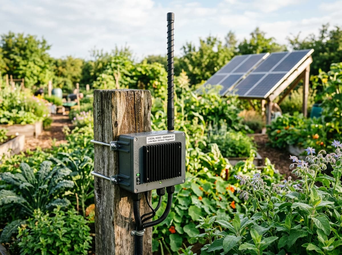 Solar-powered hardware node and LoRa antenna representing infrastructure