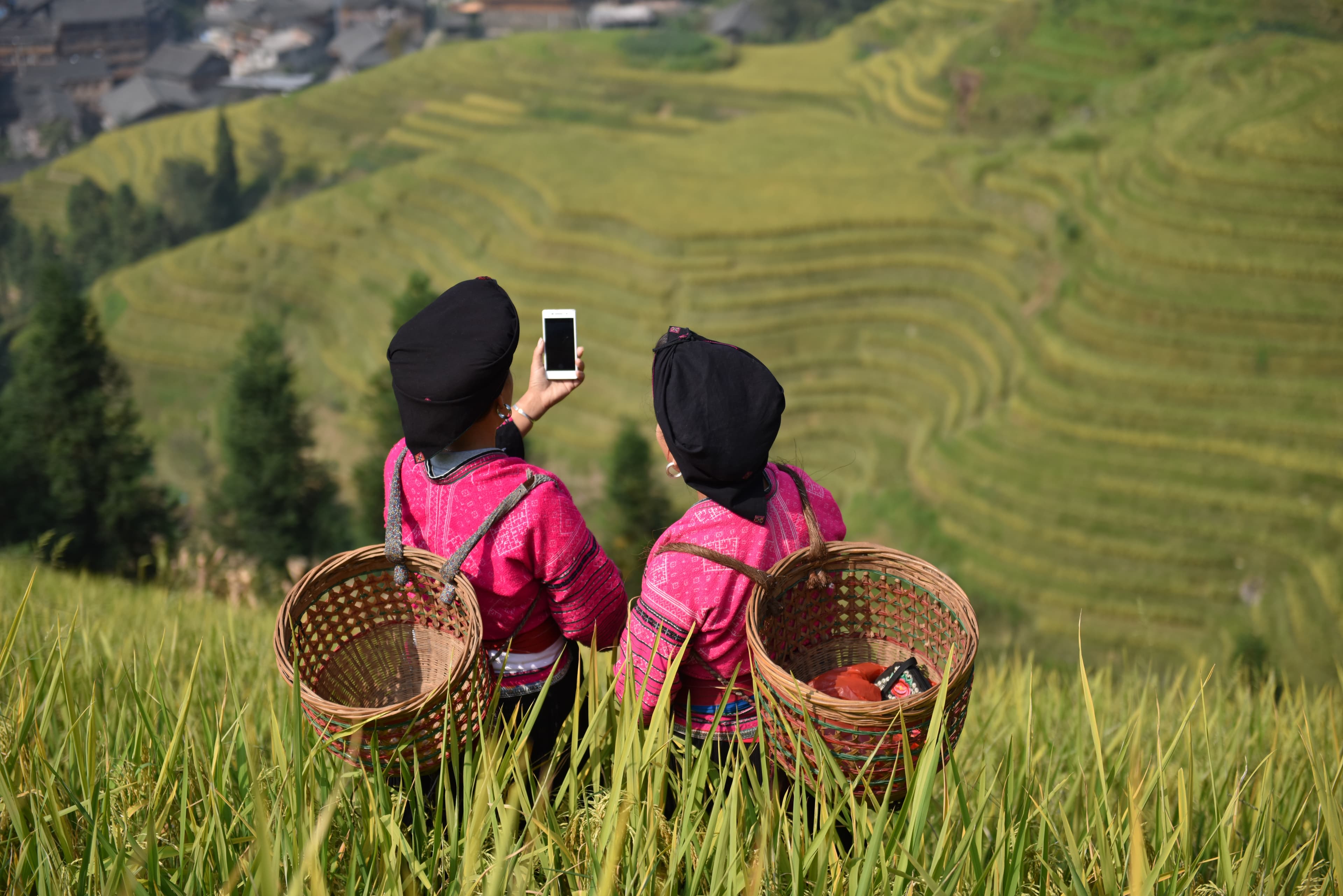 Community members utilizing connected tools amidst agricultural terraces, harmonizing nature and technology