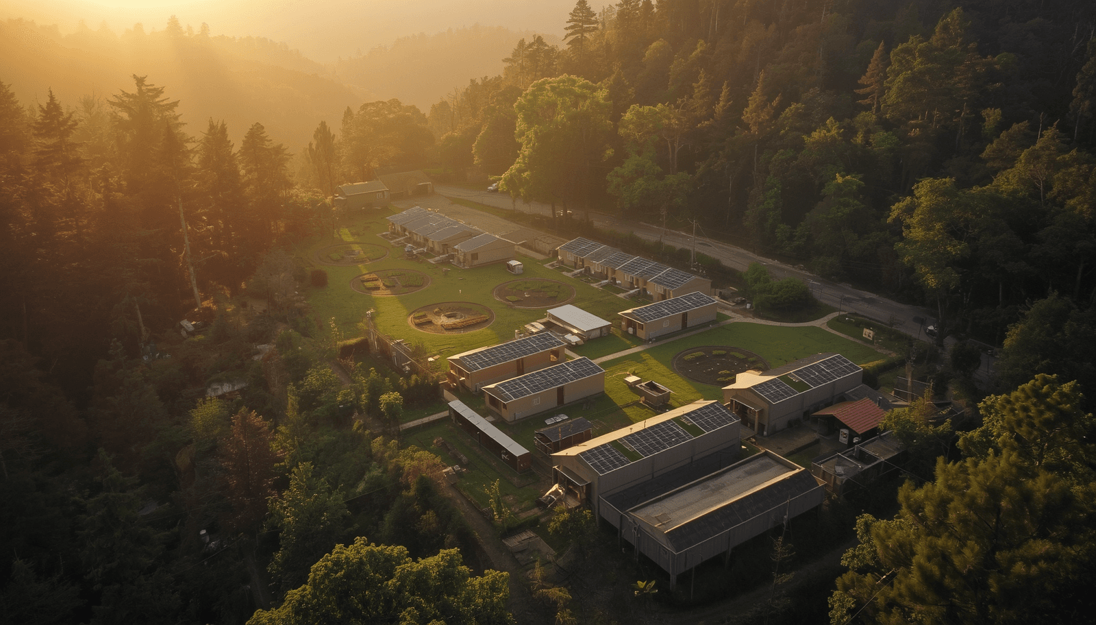 Eco-village blending nature with technology in golden hour sunset