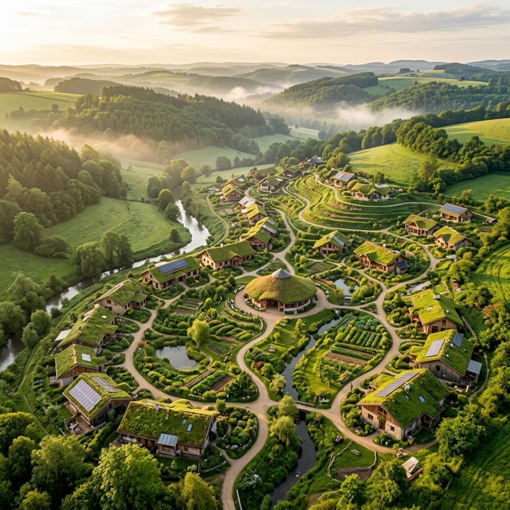 Aerial view of a sustainable eco-village