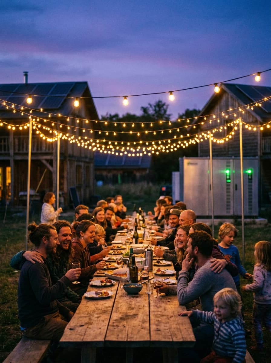 A woman holding a glowing seedling in a permaculture garden at sunset