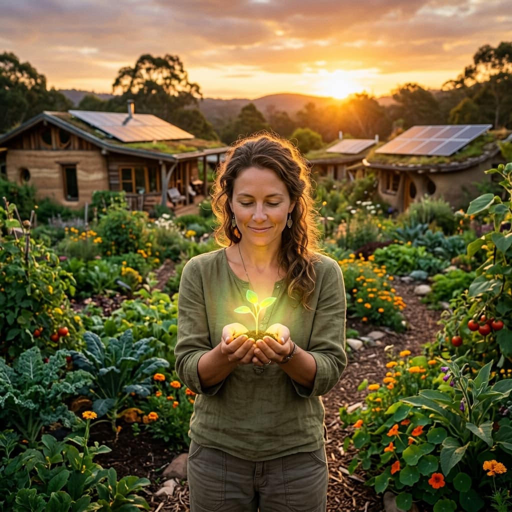 A woman holding a glowing seedling in a permaculture garden at sunset