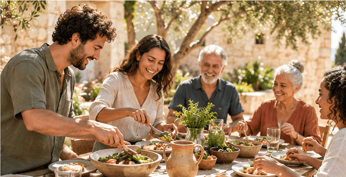 Community members of mixed ages sharing an outdoor meal together under an olive tree arbor