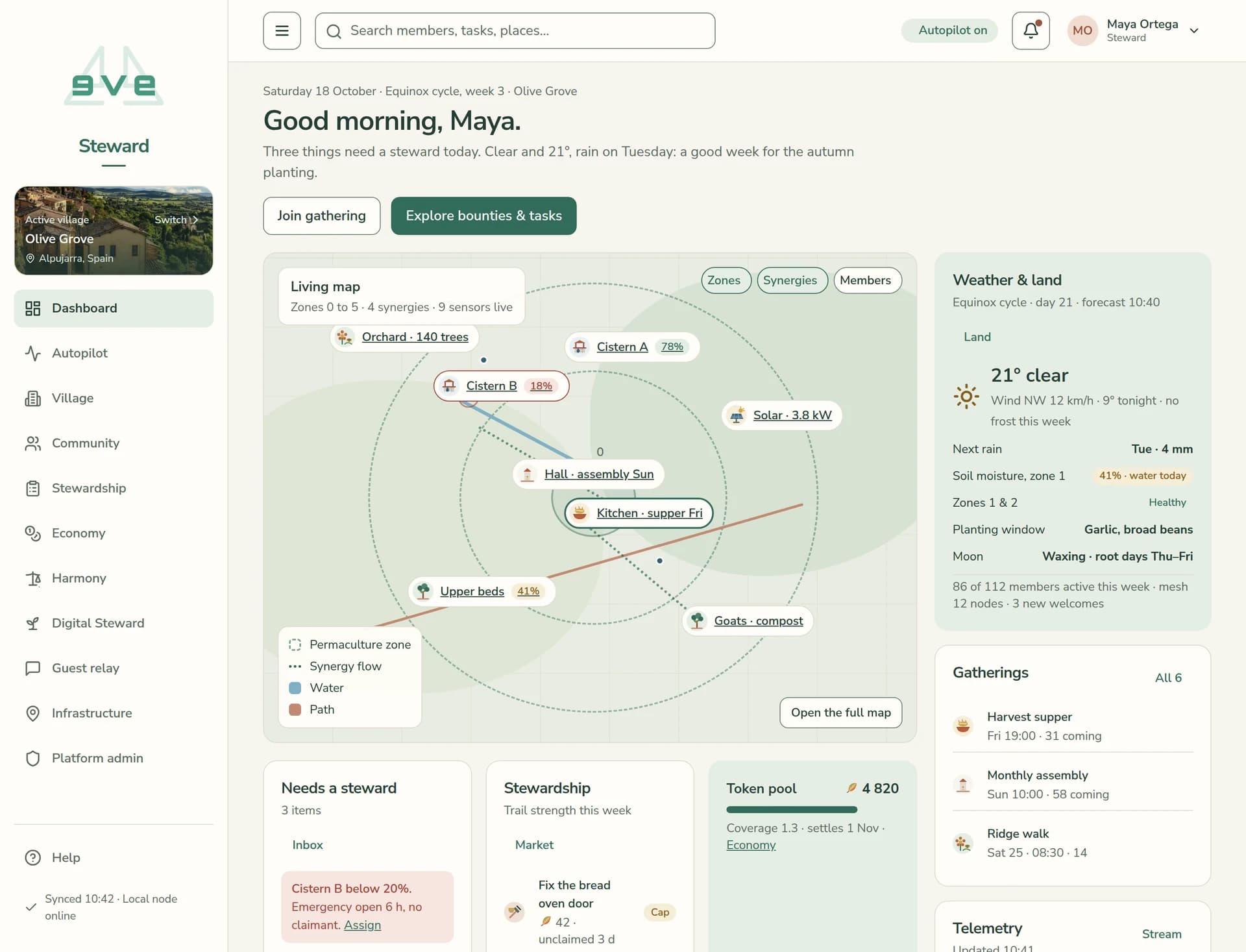 EVE Steward dashboard design: living village map, weather and land, gatherings and telemetry