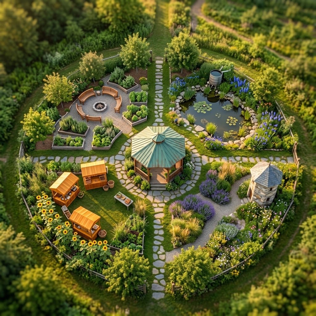 Aerial view of a community garden with four themed quadrants connected by stone paths