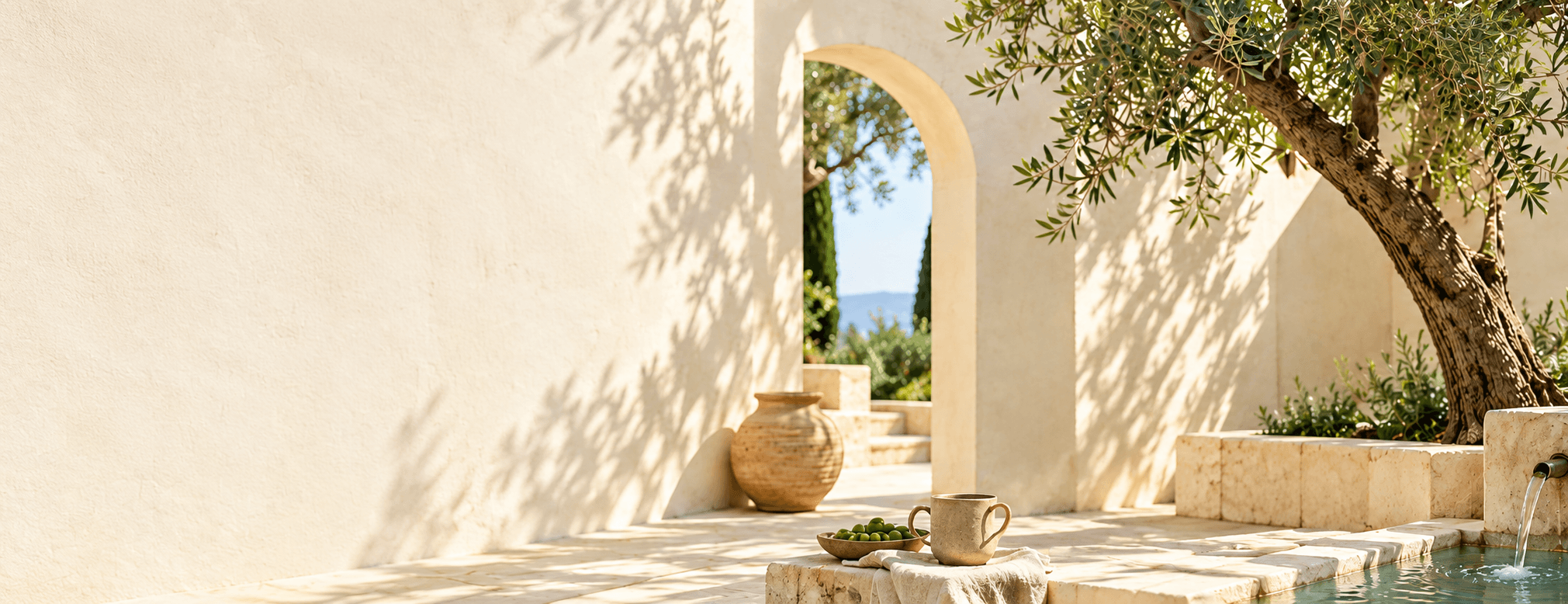 Sunlit Mediterranean limestone courtyard with ancient olive tree, ceramic mug, bowl of olives, water pool, and archway